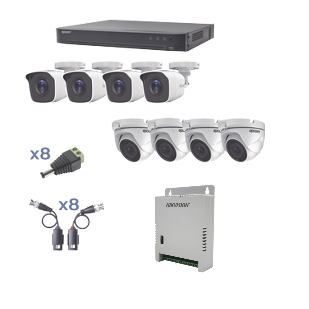 KIT HD 8 Cámaras para Largas Distancias / DVR 8 Canales / Fuente de Poder 